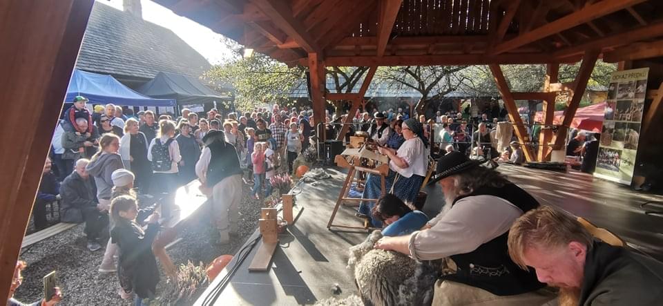 Na scenie kilka osób w góralskich strojach prezentuje tradycyjną metodę pozyskiwania wełny z
owiec. Pokazowi przygląda się publiczność.