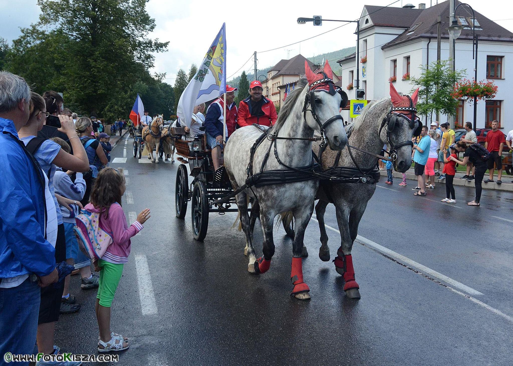 Konna parada w centrum miejscowości. Powozy przyozdobione w regionalne flagi. Paradę
obserwuje publiczność.